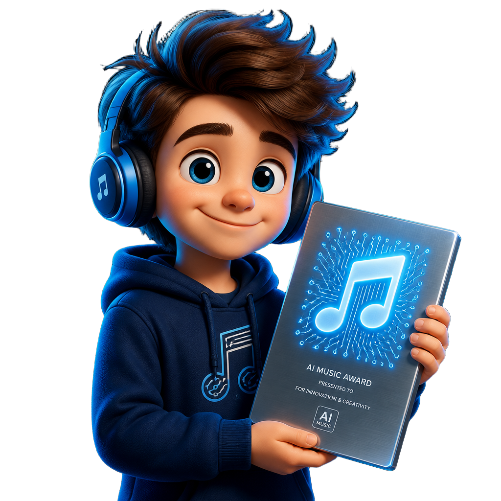 Mascote Harmonia IA segurando placa de música com IA